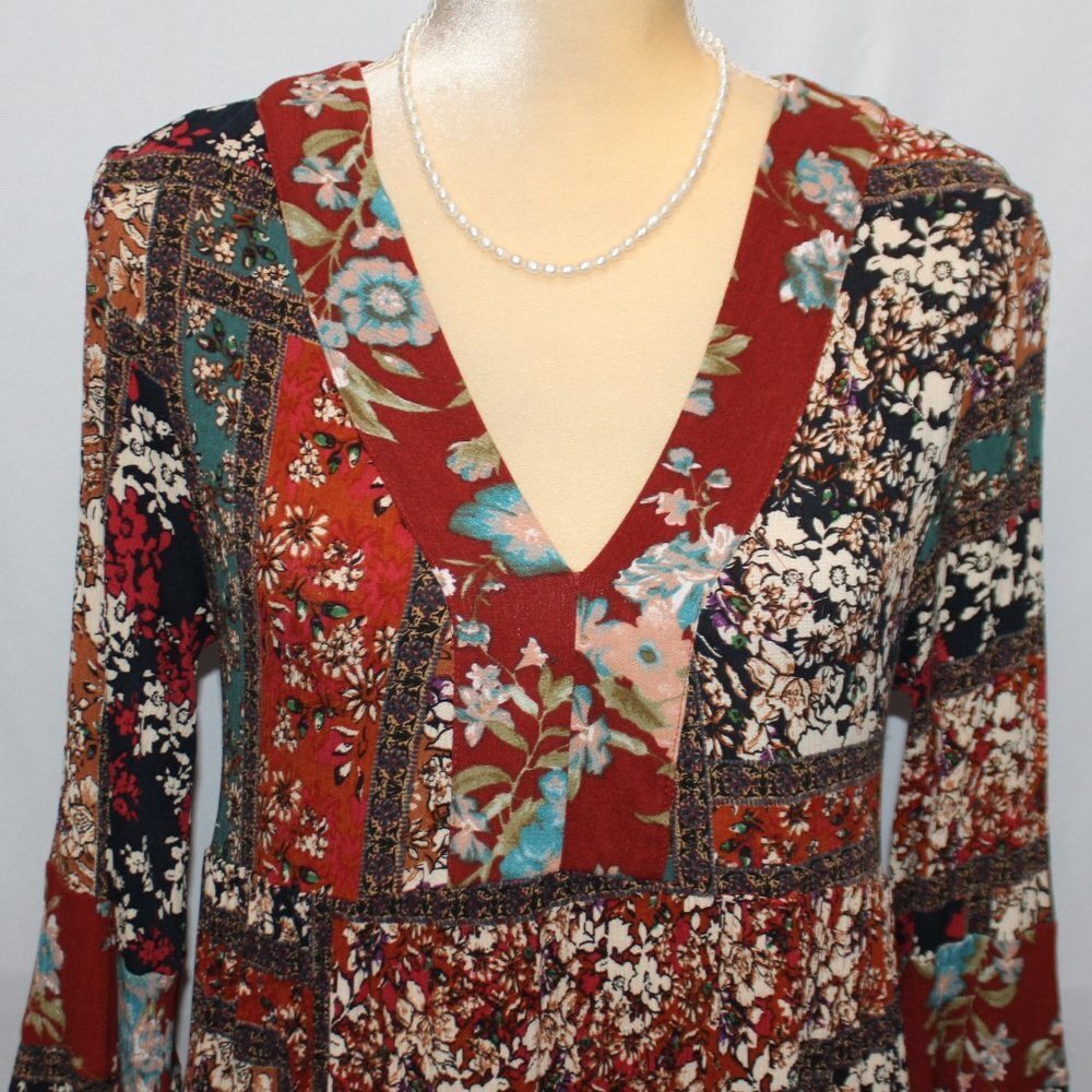 Entro V-Neck Patchwork Pattern Long Sleeve Boho D… - image 2